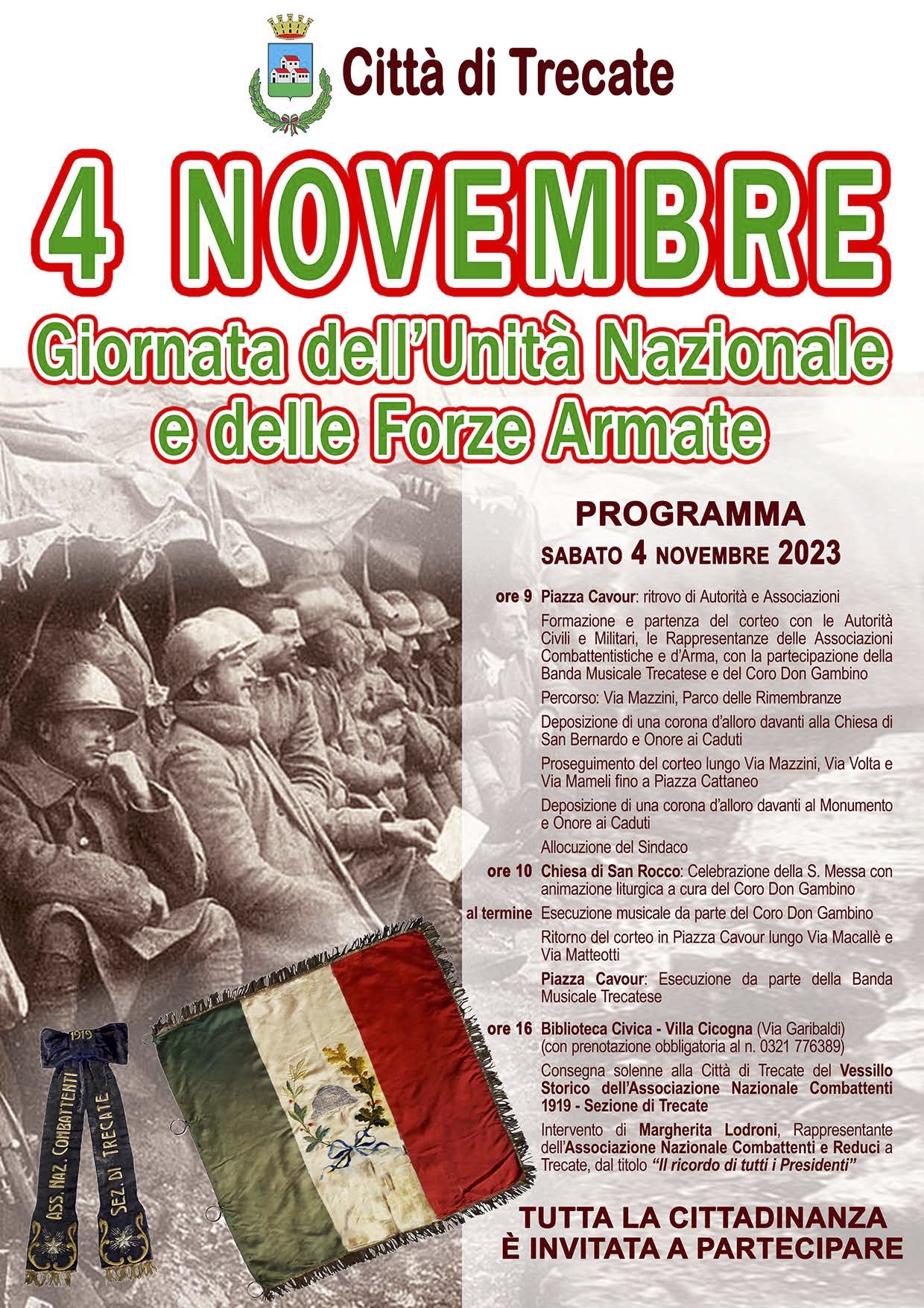 Cosi’ La Citta’ Di Trecate Celebrera’ Il 4 Novembre, Giornata Dell’unita’ Nazionale E Delle Forze Armate