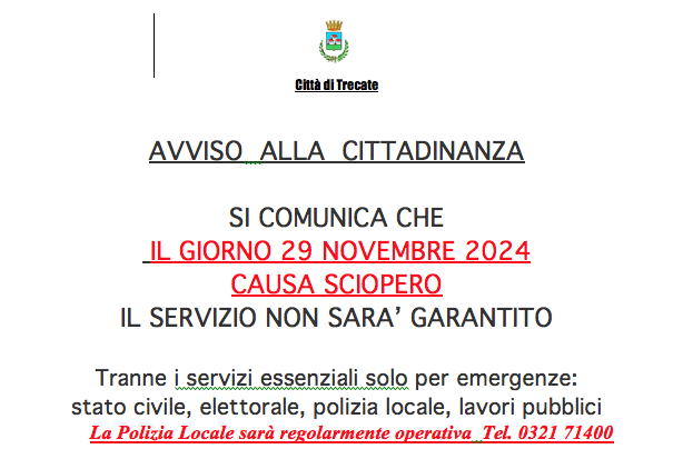 Sciopero del 29 novembre: garantiti dagli Uffici comunali i servizi essenziali previsti per legge