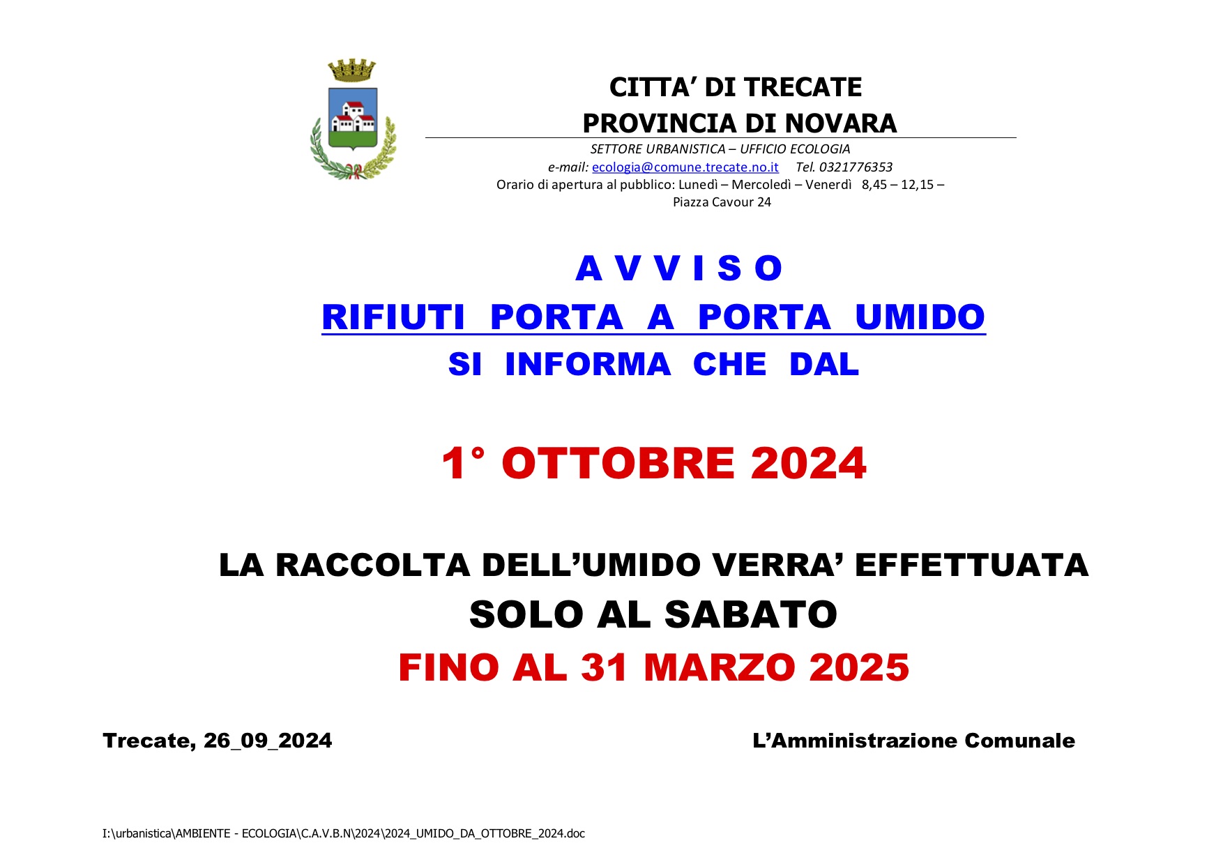 Dal 1° ottobre raccolta dell'umido nella giornata di sabato